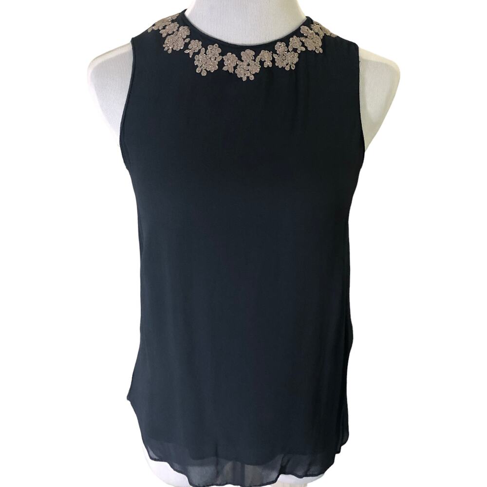 Zara Basic Women's Blue Sheer Sleeveless Blouse Embellished Collar SIZE XSmall